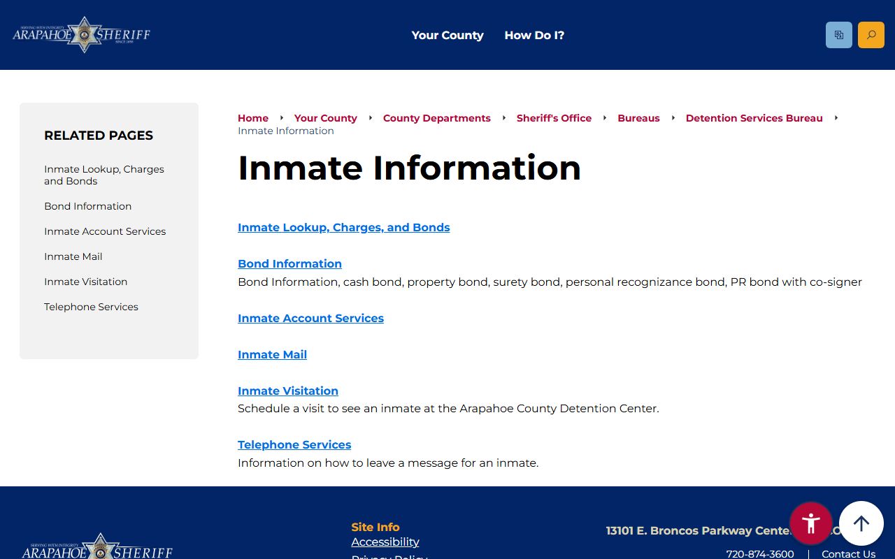 Arapahoe County inmate information page for booking reports