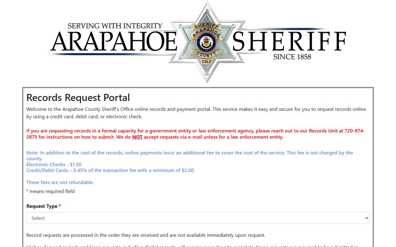 Arapahoe County records request portal for booking reports