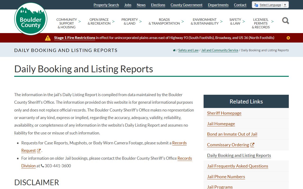 Boulder County booking reports page