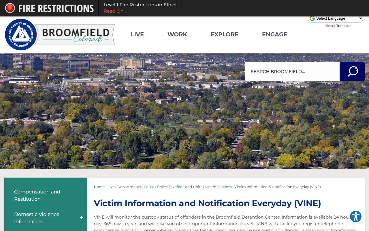 Broomfield County booking reports VINE page