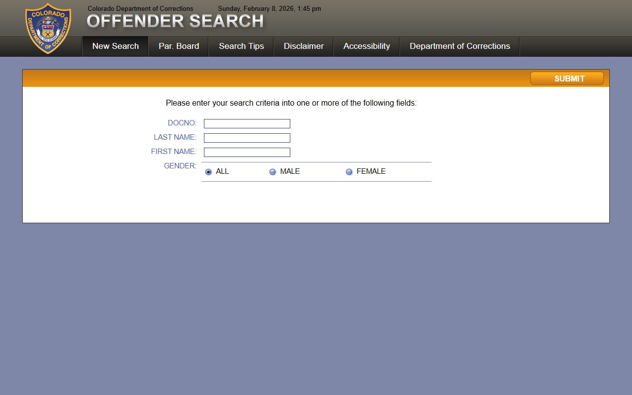 Colorado CDOC Offender Search System for booking reports and inmate records